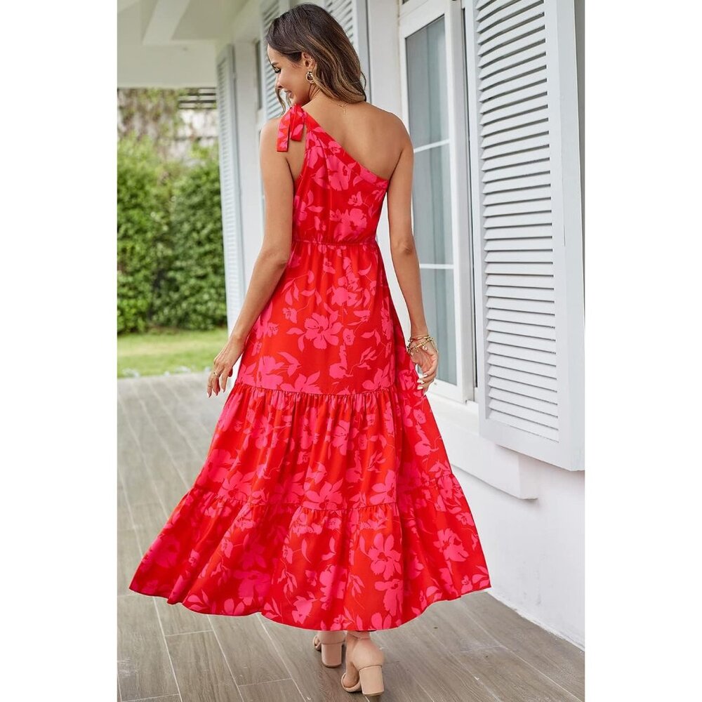 Womens 2024 Floral Knot One Shoulder Sleeveless Ruffle Boho Dress - Picture 3 of 9